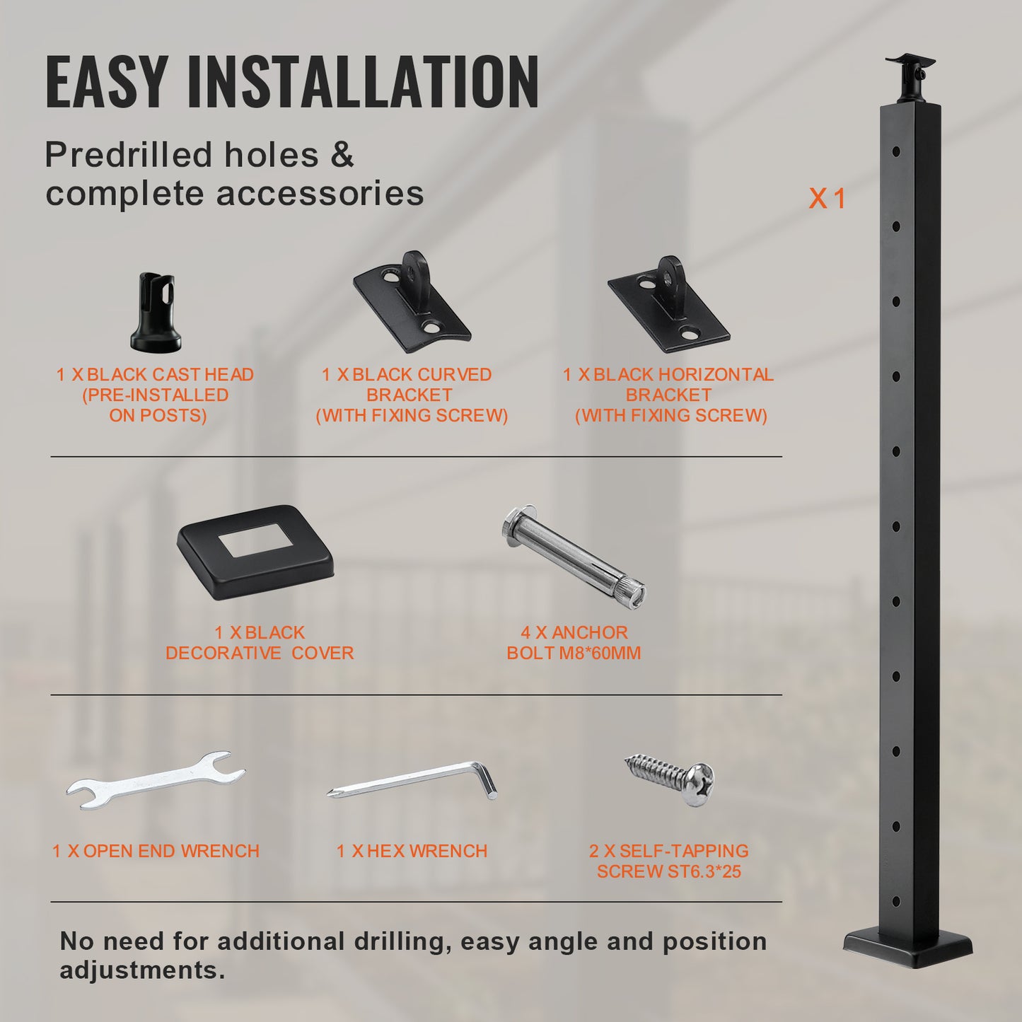VEVOR Cable Railing Post Level Deck Stair Post Cable Handrail Post Stainless Steel Brushed Finishing Deck Railing Pre-Drilled Pickets With Mounting Bracket Stair Railing Kit Black
