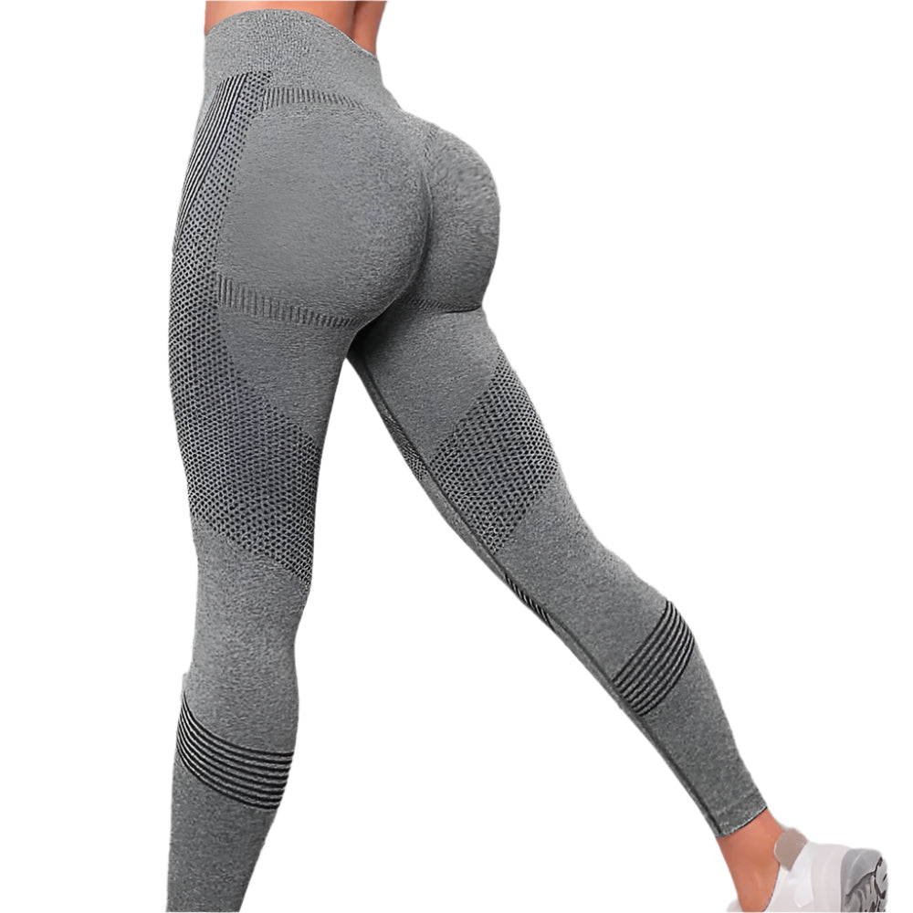 A pair of solid color yoga pants with a mesh design and stripe details on the side, modeled in different poses.