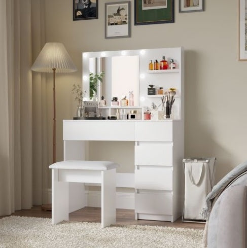 Makeup Vanity Desk Set With Mirror & Light, Dressing Table Storage Lots With Power Strip, 3 Lighting Modes With Adjustable Brightness, 37 Inches White With Stool
