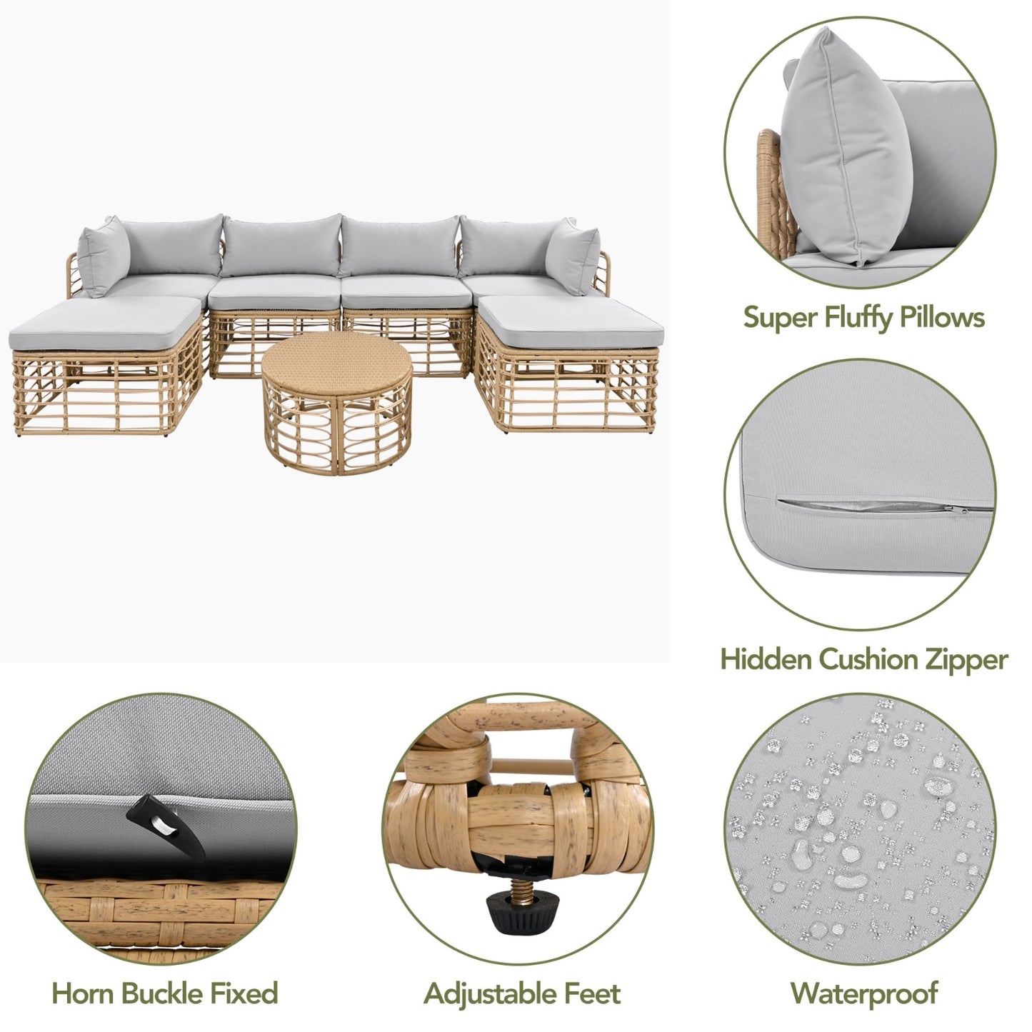 7 Pieces Outdoor Patio Furniture, All-Weather Rattan Sectional Sofa Set With Thick Cushions