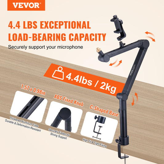 VEVOR Microphone Boom Arm With Desk Mount, Rotatable, Adjustable Mic Stand With Adapter Port Headset Hook, For Blue Hyperx Quadcast Blue Snowball Shure SM7B Audio Technica