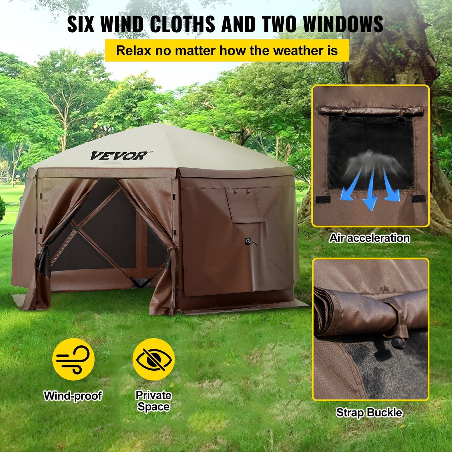 VEVOR Camping Gazebo Screen Tent, 6 Sided Pop Up Canopy Shelter Tent With Mesh Windows, Portable Carry Bag, Stakes, Large Shade Tents For Outdoor Camping, Lawn And Backyard, Brown Beige