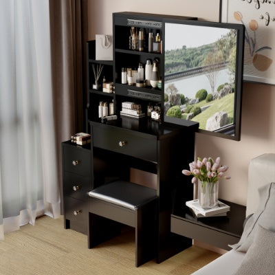 Cabinet Vanity Table Cushioned Stool, Extra Large Right Sliding Mirror, Multi Layer High Capacity Storage, Practical Fashionable Dresser, Suitable For Small Space