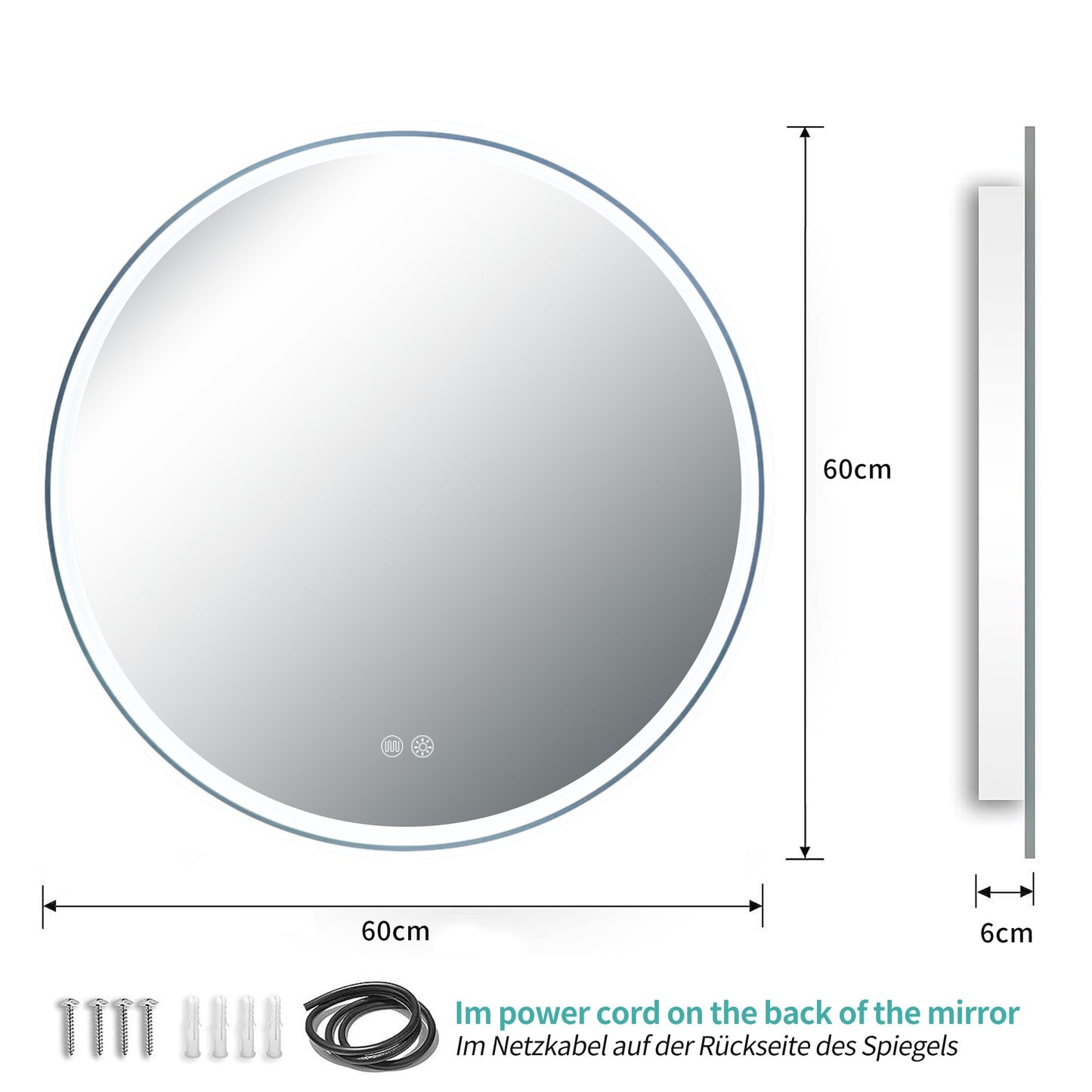 Bathroom Mirror Dual Light Strip Circular 60cm