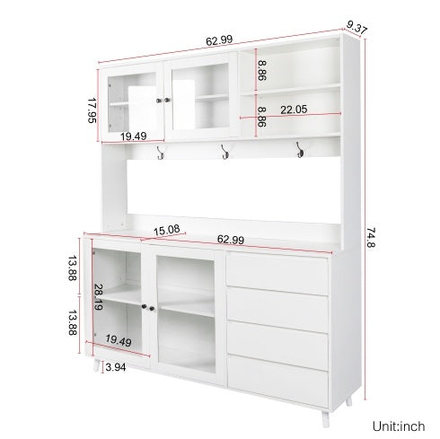 Large Kitchen Hutch Cabinet, Freestanding Pantry Cabinets Storage Kitchen Cupboard With 4 Doors, 4 Drawers & Microwave Shelf, White