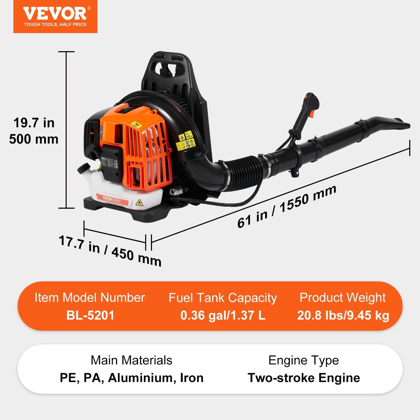 VEVOR Backpack Leaf Blower, 52CC 2-Cycle Leaf Blower With 1.37L Fuel Tank, 480CFM Air Volume 175MPH Speed, Ideal For Lawn Care, Leaf Cleaning, And Snow Removal