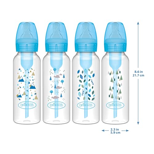 Dr. Brown's Natural Flow Anti-Colic Options+ Narrow Baby Bottle, Blue Nature, 8 oz/250 mL, with Level 1 Slow Flow Nipples, 0m+, 4 Pack