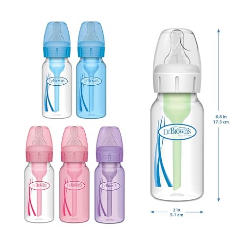 Dr. Brown's Natural Flow Anti-Colic Options+ Narrow Baby Bottle, 4 oz/120 mL, with Level 1 Slow Flow Nipple, Pink, 0m+, 4 Pack
