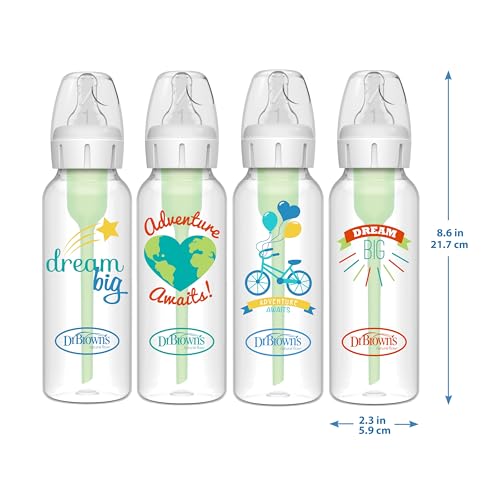 Dr. Brown's Natural Flow Anti-Colic Options+ Narrow Baby Bottle, Dream Adventure, 8 oz/250 mL, with Level 1 Slow Flow Nipple, 0m+, 4 Count (Pack of 1)