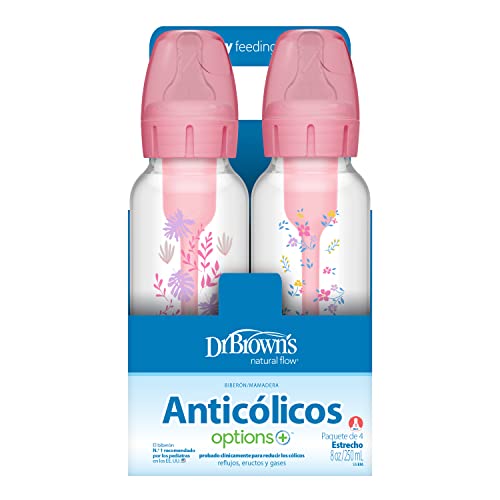 Dr. Brown's Natural Flow Anti-Colic Options+ Narrow Baby Bottle, Pink Floral, 8 oz/250 mL, with Level 1 Slow Flow Nipples, 0m+, 4 Pack