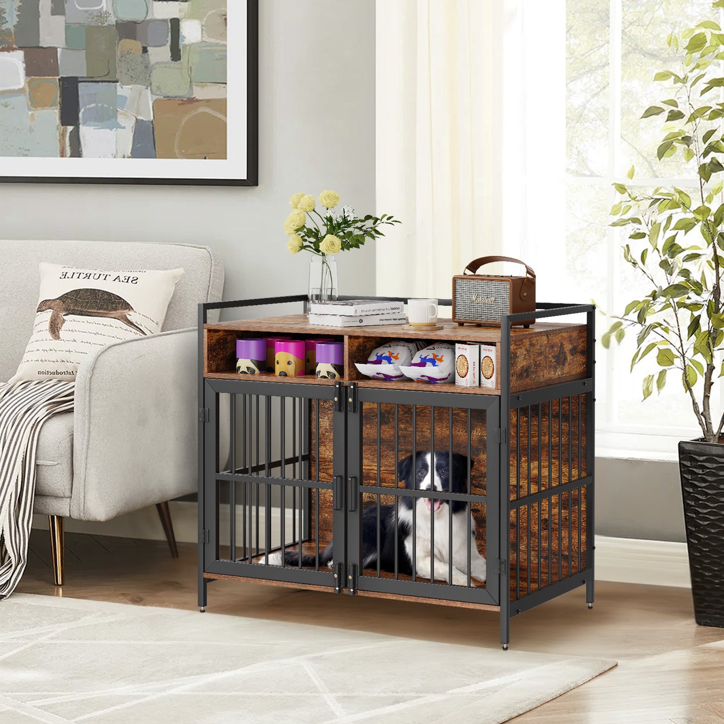 VEVOR Furniture Style Dog Crate With Storage, 41 Inch Dog Crate Furniture Large Breed With Double Doors, Wooden Dog Cage For Large Medium Dog Indoor, Hold Up To 70 Lbs, Rustic Brown