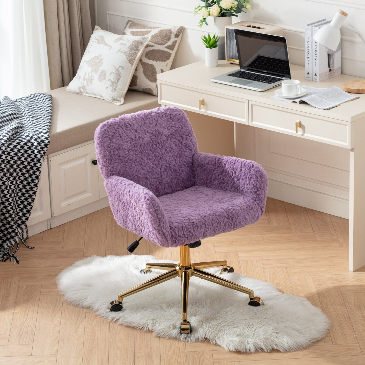 A&A Furniture Office Chair,Artificial Rabbit Hair Home Office Chair With Golden Metal Base,Adjustable