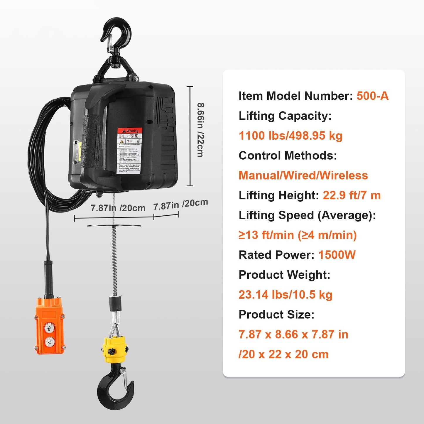VEVOR 3-in-1 Electric Hoist Winch, 1100lbs 1500W Portable Power Winch Crane, 22.9 Ft Lifting Height, 13 Ft Min With Manual, Wired And Wireless Remote Control, Overload Protection