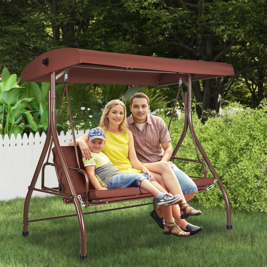 VEVOR 3-Seat Patio Swing Chair, Converting Canopy Swing, Outdoor Patio Porch With Adjustable Canopy, Removable Thick Cushion And Alloy Steel Frame, For Balcony, Backyard, Poolside, Brown