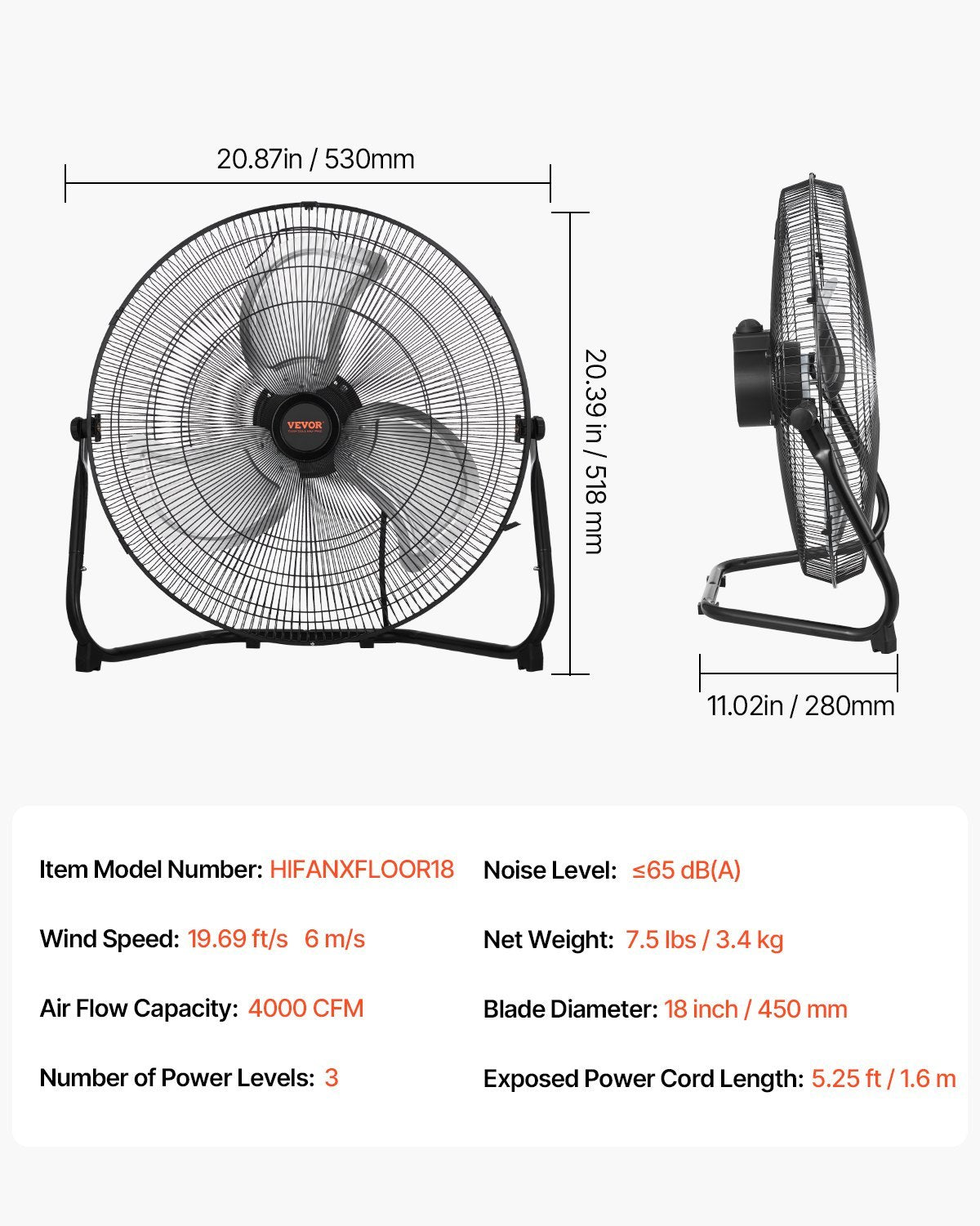 18 Inch Floor Fan 3 Speeds 360 Adjustable Tilt High-Velocity Industrial Fan