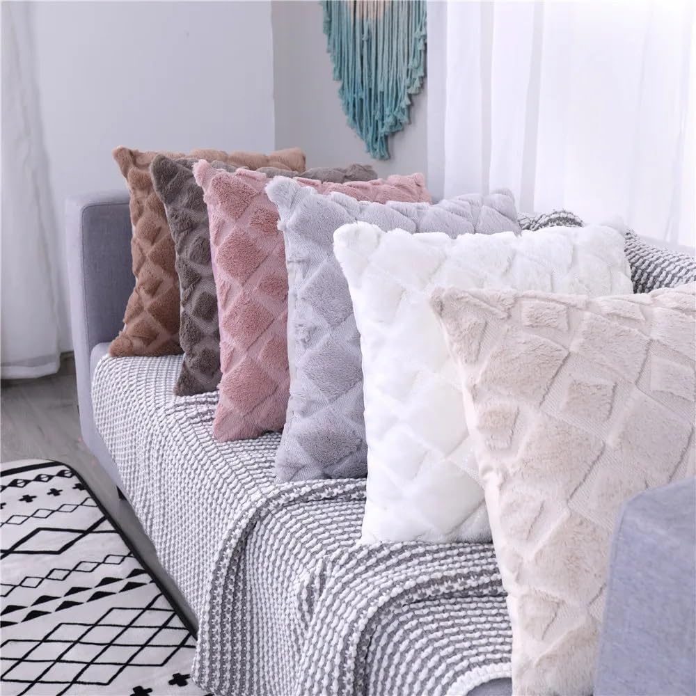 CJWLKJ 2Pcs Soft Faux Fur Throw Pillow Covers 18x18 - Plush Short Wool Velvet Decorative Pillow Covers - Couch Sofa Pillow Covers for Living Room - with 3D Plaid Pattern (Black)
