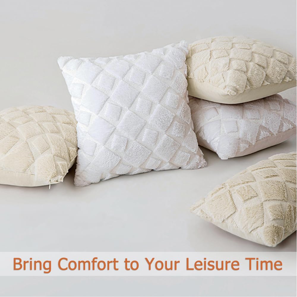 CJWLKJ 2Pcs Soft Faux Fur Throw Pillow Covers 18x18 - Plush Short Wool Velvet Decorative Pillow Covers - Couch Sofa Pillow Covers for Living Room - with 3D Plaid Pattern (White)