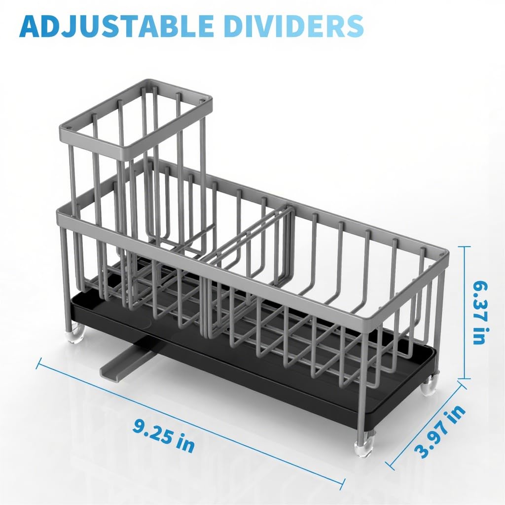 Charcoal Gray Sponge Holder for Kitchen Sink, Sink Caddy Organizer with High Brush Holder, Kitchen Countertop Organizers and Storage Essentials, Rustproof 304 Stainless Steel