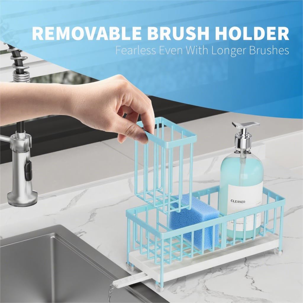 Blue Sponge Holder for Kitchen Sink, Sink Caddy Organizer with High Brush Holder, Kitchen Countertop Organizers and Storage Essentials, Rustproof 304 Stainless Steel, Soap Dispenser Organize