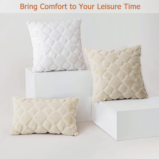 CJWLKJ 2Pcs Soft Faux Fur Throw Pillow Covers 18x18 - Plush Short Wool Velvet Decorative Pillow Covers - Couch Sofa Pillow Covers for Living Room - with 3D Plaid Pattern (Beige)