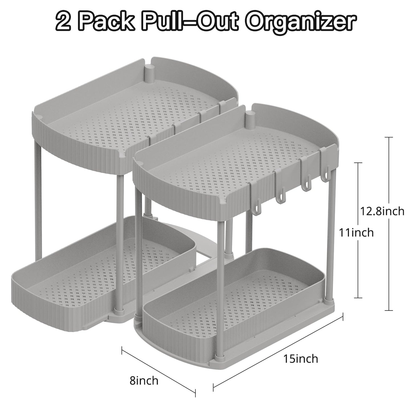 2 Pack Multi-Purpose Pull-Out Storage Organizers, Under Sink Organizers and Storage for Bathroom & Kitchen, Under Cabinet Organizers and storage, 12.8 Inch, Grey