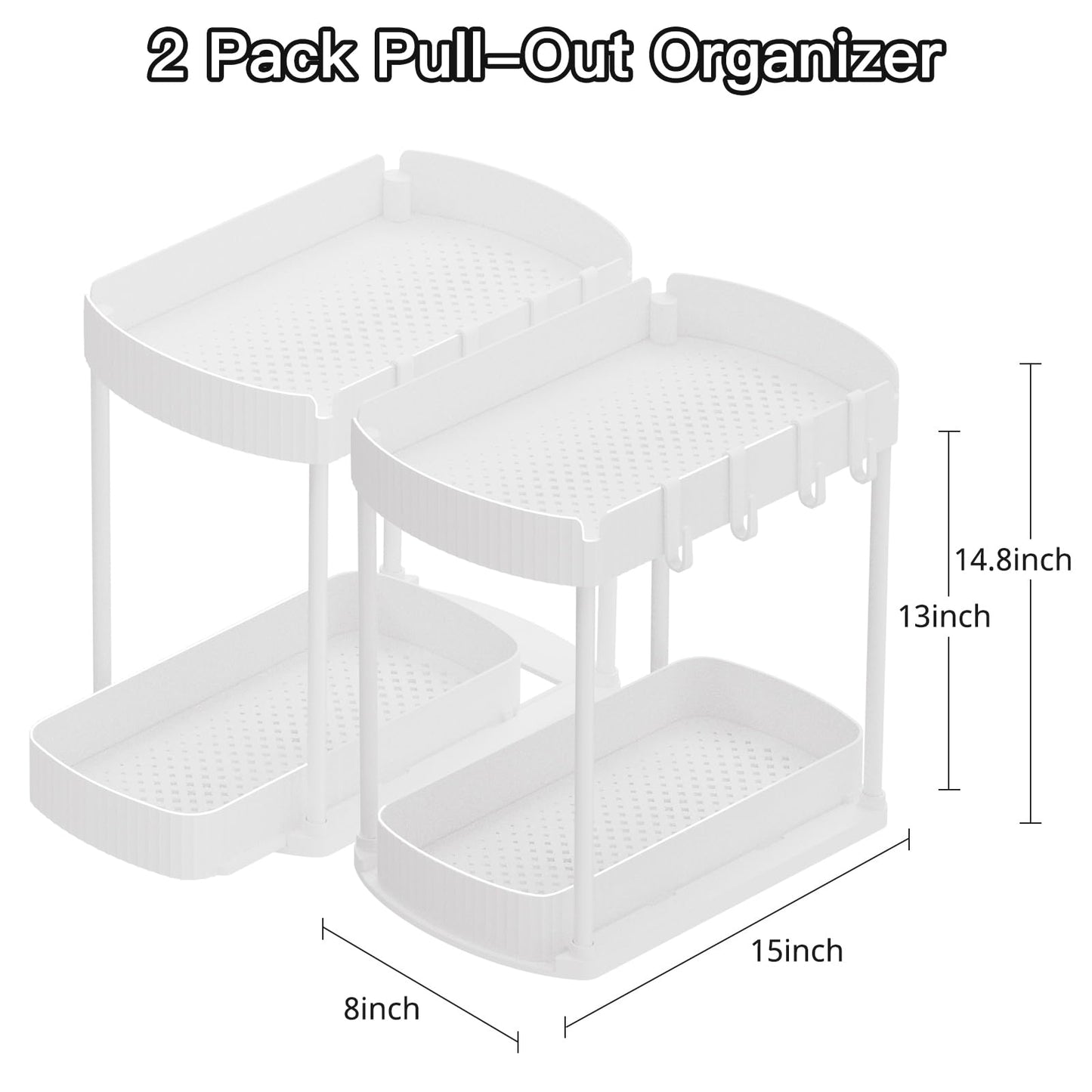 2 Pack Multi-Purpose Pull-Out Storage Organizers, Under Sink Organizers and Storage for Bathroom & Kitchen, Under Cabinet Organizers and storage, 14.8 Inch, White
