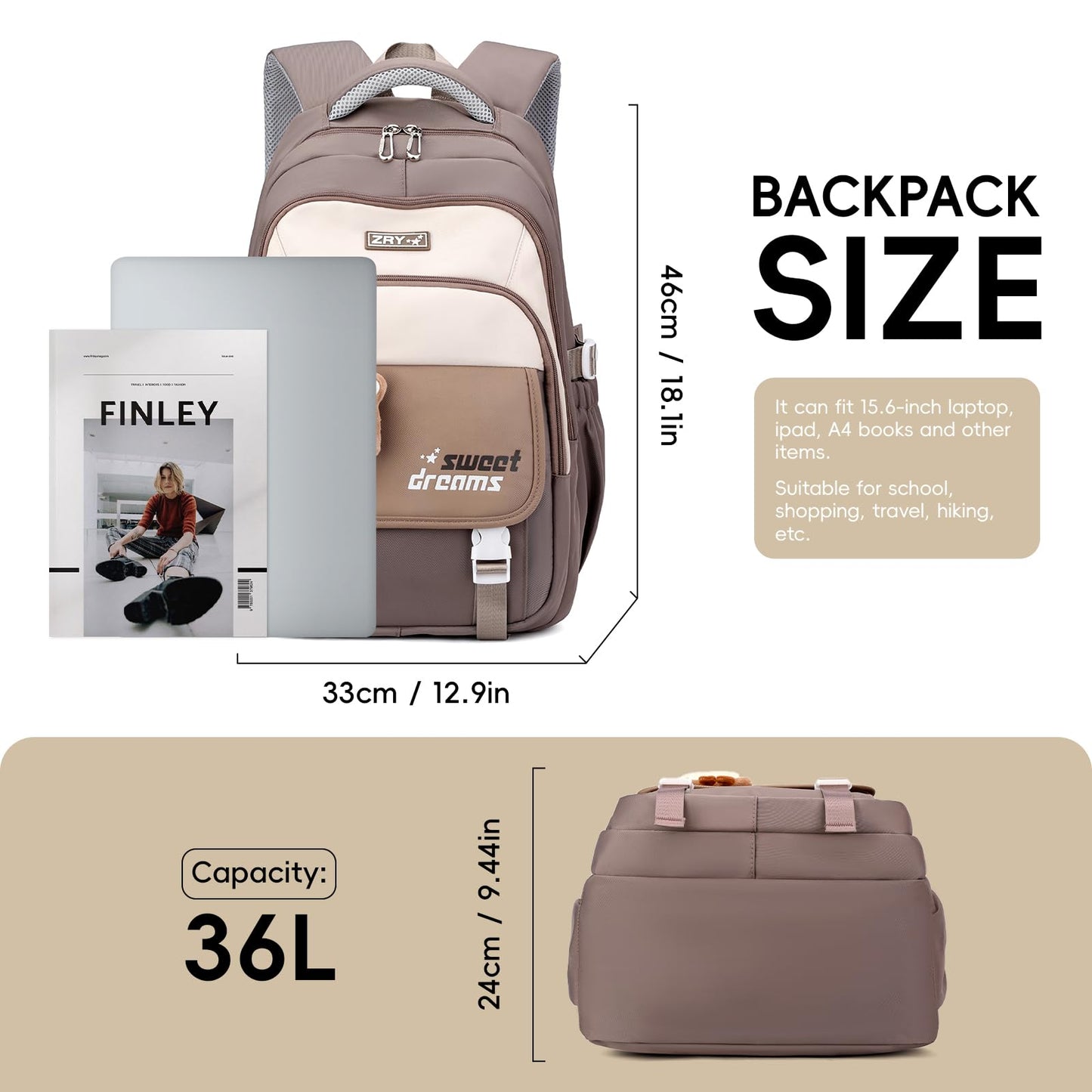 Amythe Girls School Bag, 16 inch School Backpack for Girl Age 9-16, Kids BookBag with Cute Pendant for Elementary Middle School, Children’s Casual Rucksack for Travel,Brown