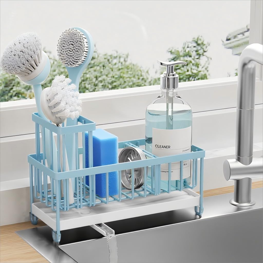 Blue Sponge Holder for Kitchen Sink, Sink Caddy Organizer with High Brush Holder, Kitchen Countertop Organizers and Storage Essentials, Rustproof 304 Stainless Steel, Soap Dispenser Organize