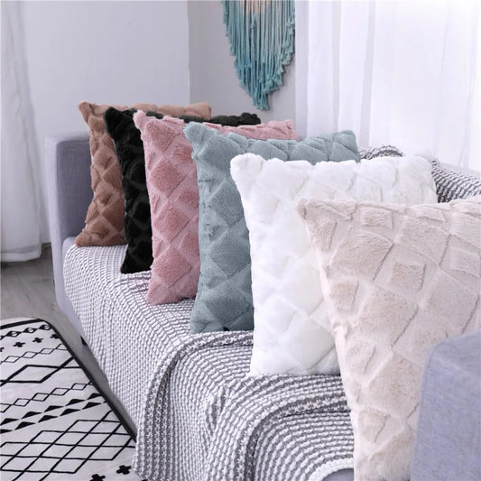 CJWLKJ 2Pcs Soft Faux Fur Throw Pillow Covers 18x18 - Plush Short Wool Velvet Decorative Pillow Covers - Couch Sofa Pillow Covers for Living Room - with 3D Plaid Pattern (Gray)