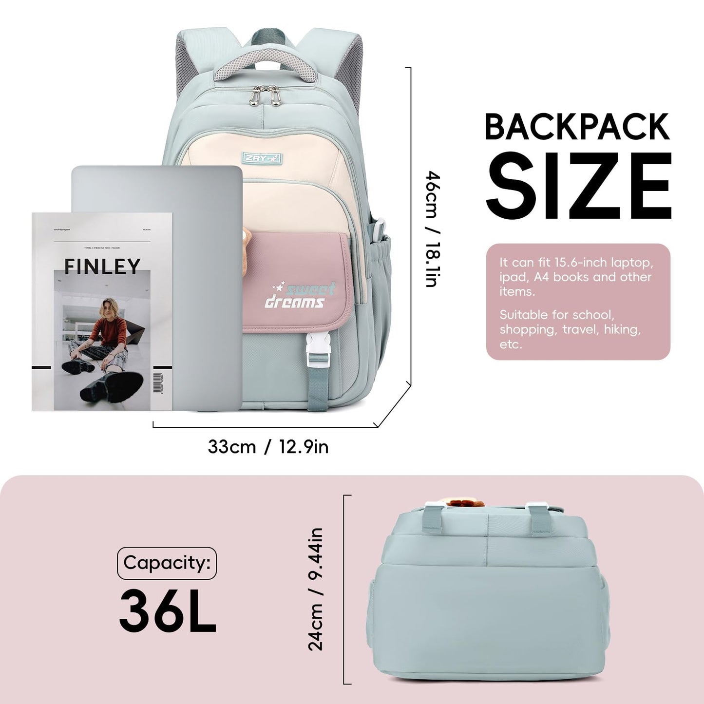 Amythe Girls School Bag, 16 inch School Backpack for Girl Age 9-16, Kids BookBag with Pendant for Elementary Middle School