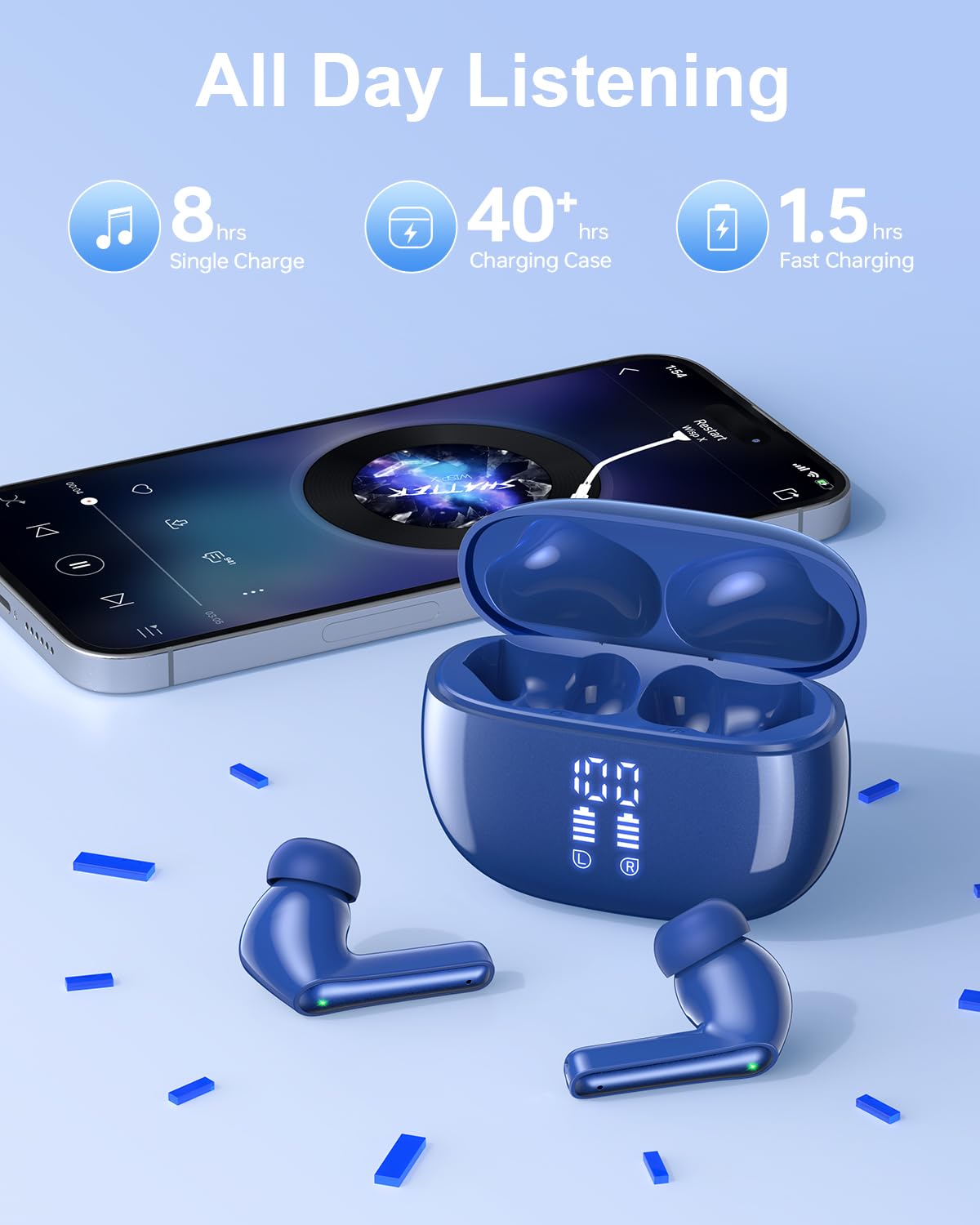 Wireless Earbuds, Bluetooth Ear Buds Headphones, 40H Long Playtime, Stereo Deep Bass, LED Power Display, IPX7, Lightweight in Ear Earphone with Mic for iPhone Android Phone