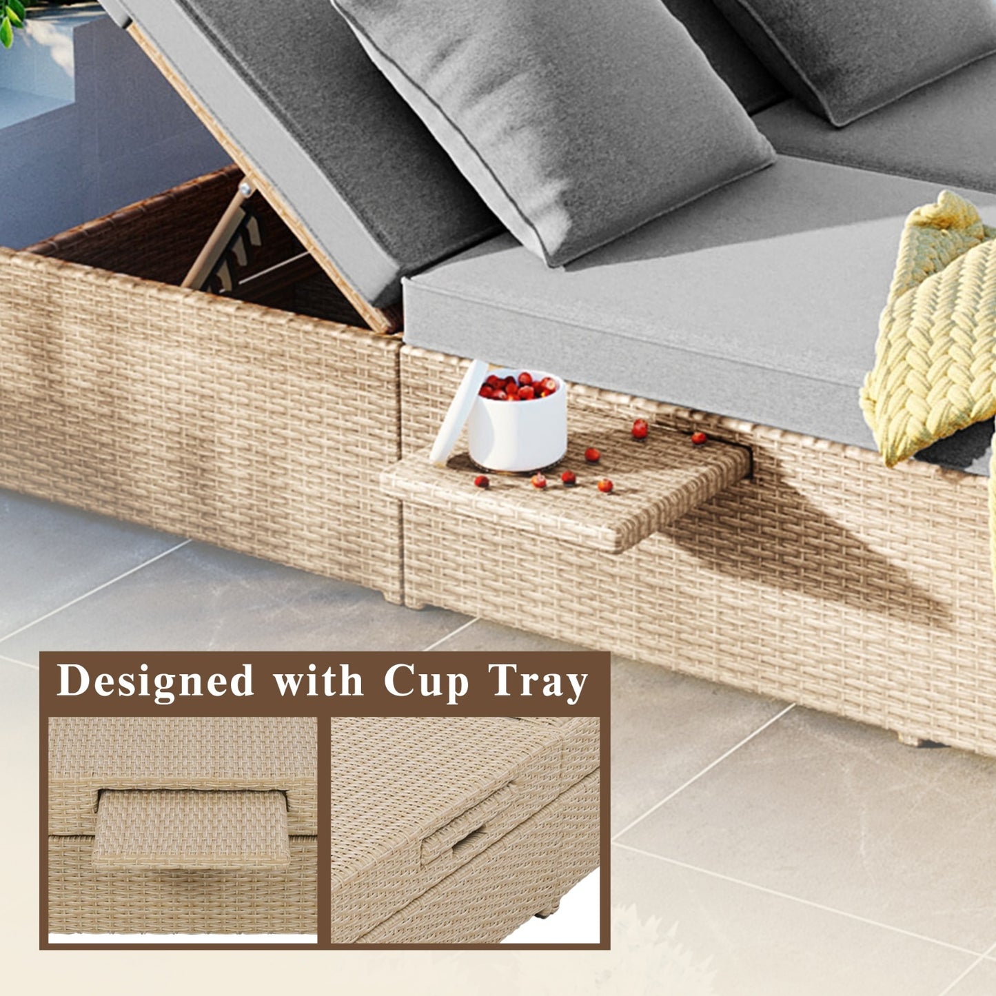 TOPMAX Outdoor Double Sunbed, Wicker Rattan, Adjustable Backrest Seat