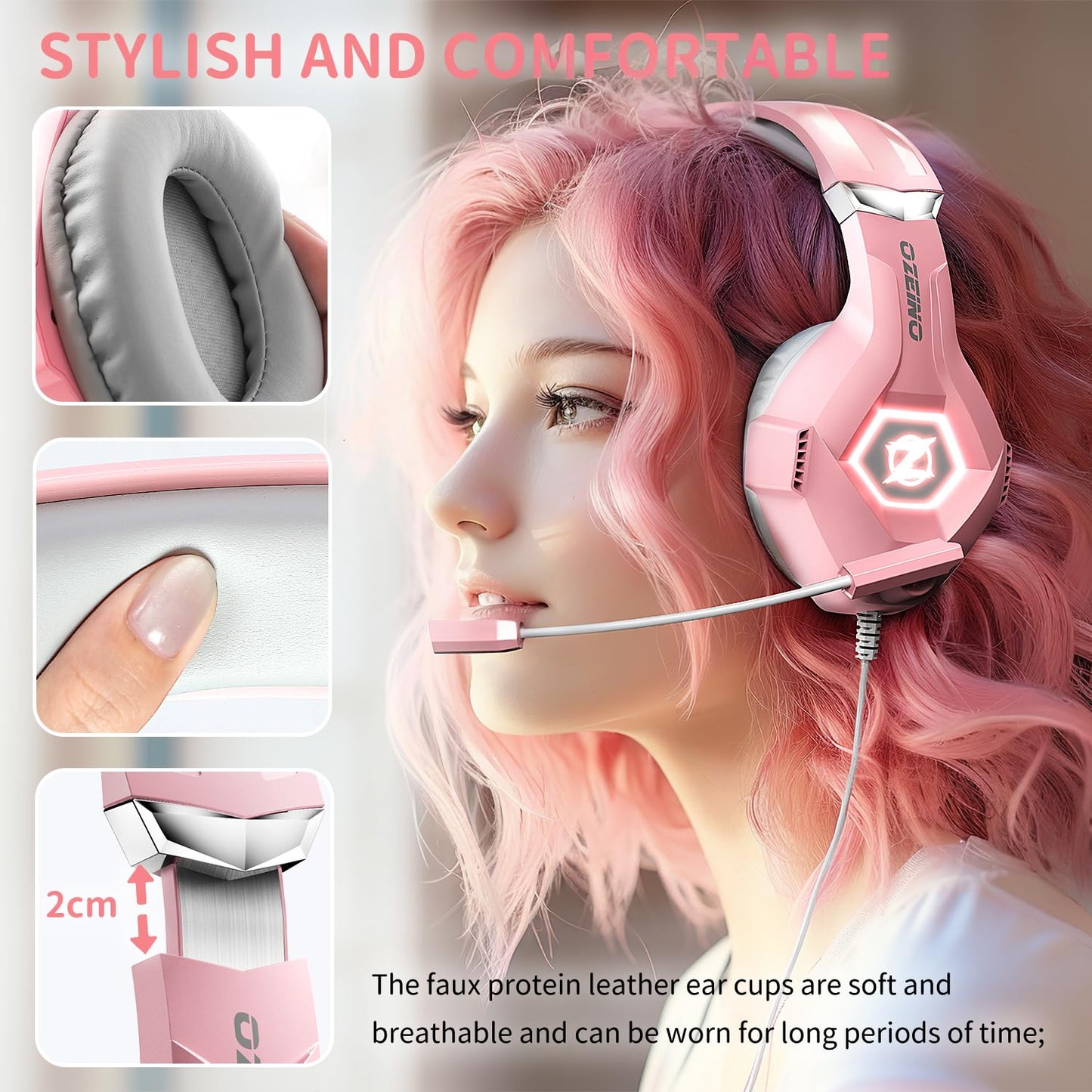 Ozeino Gaming Headset for PC, Ps4, Ps5, Xbox Headset with 7.1 Surround Sound, Gaming Headphones with Noise Cancelling Mic RGB Light Over Ear Headphones for Xbox Series X/S, Switch-Pink