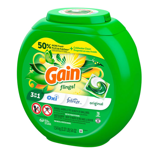 Gain Flings Laundry Detergent Pacs, Original Scent, 3 in 1 HE Detergent Pacs with Oxi Boost and Febreeze, 76 Count