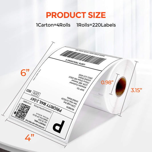MUNBYN 4"x6" Direct Thermal Shipping Labels, 880 Labels/4 Rolls(220 Pcs per Roll), Perforated Postage Paper Compatible with DYMO LabelWriter 4XL 1744907,1755120, MUNBYN and Other Printers