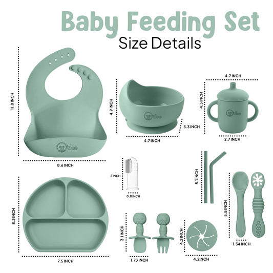 O'doe 11-Piece BPA-Free Silicone Baby Feeding Set | Thick & Soft Suction Plates, Baby Bowls, Wooden Fork & Spoon, and More | Make Mealtime Fun and Easy for Your Little One (Green, V1)