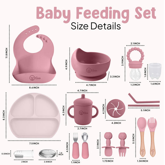 O'doe 17-Piece BPA-Free Silicone Baby Feeding Set | Thick & Soft Suction Plates, Baby Bowls, Wooden Fork & Spoon, and More | Make Mealtime Fun and Easy for Your Little One | Pink, V2