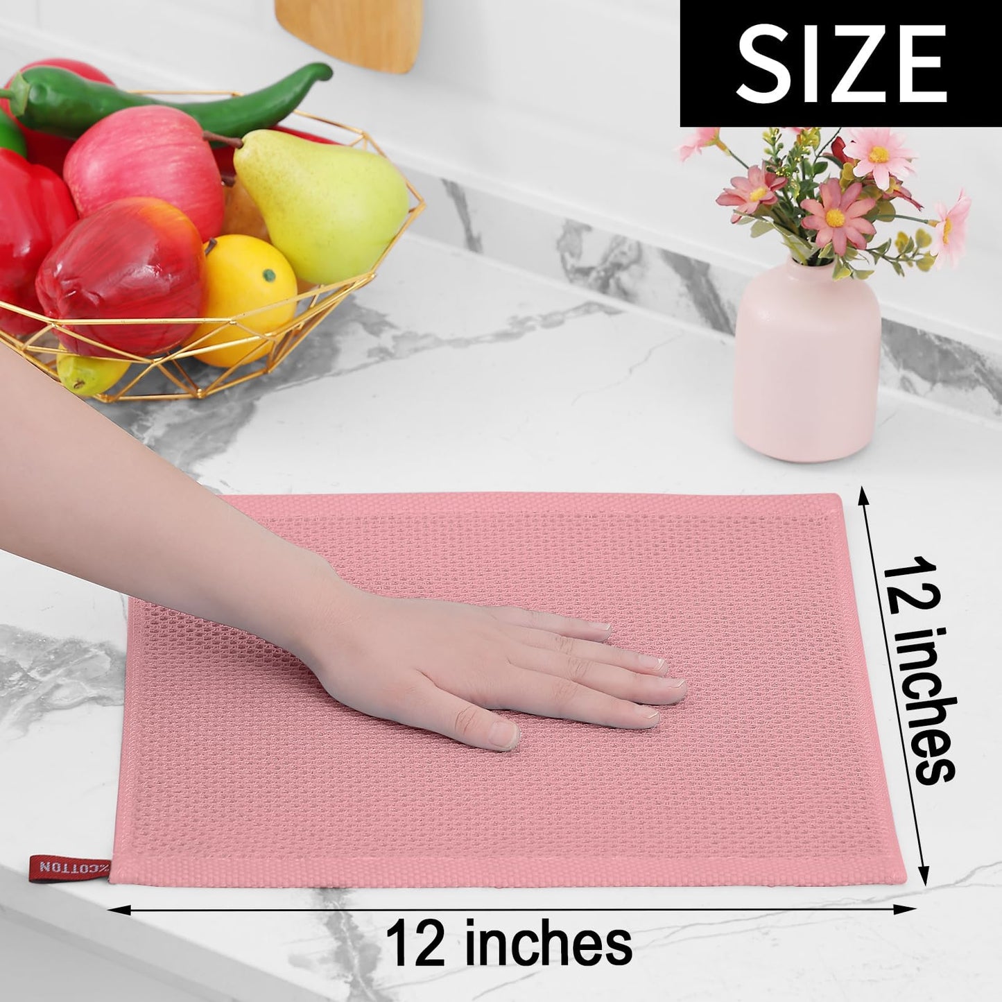 100% Cotton Waffle Weave Kitchen Dish Cloths, Ultra Soft Absorbent Quick Drying Dish Towels, 12 x 12 Inches, 12-Pack, Dried Rose