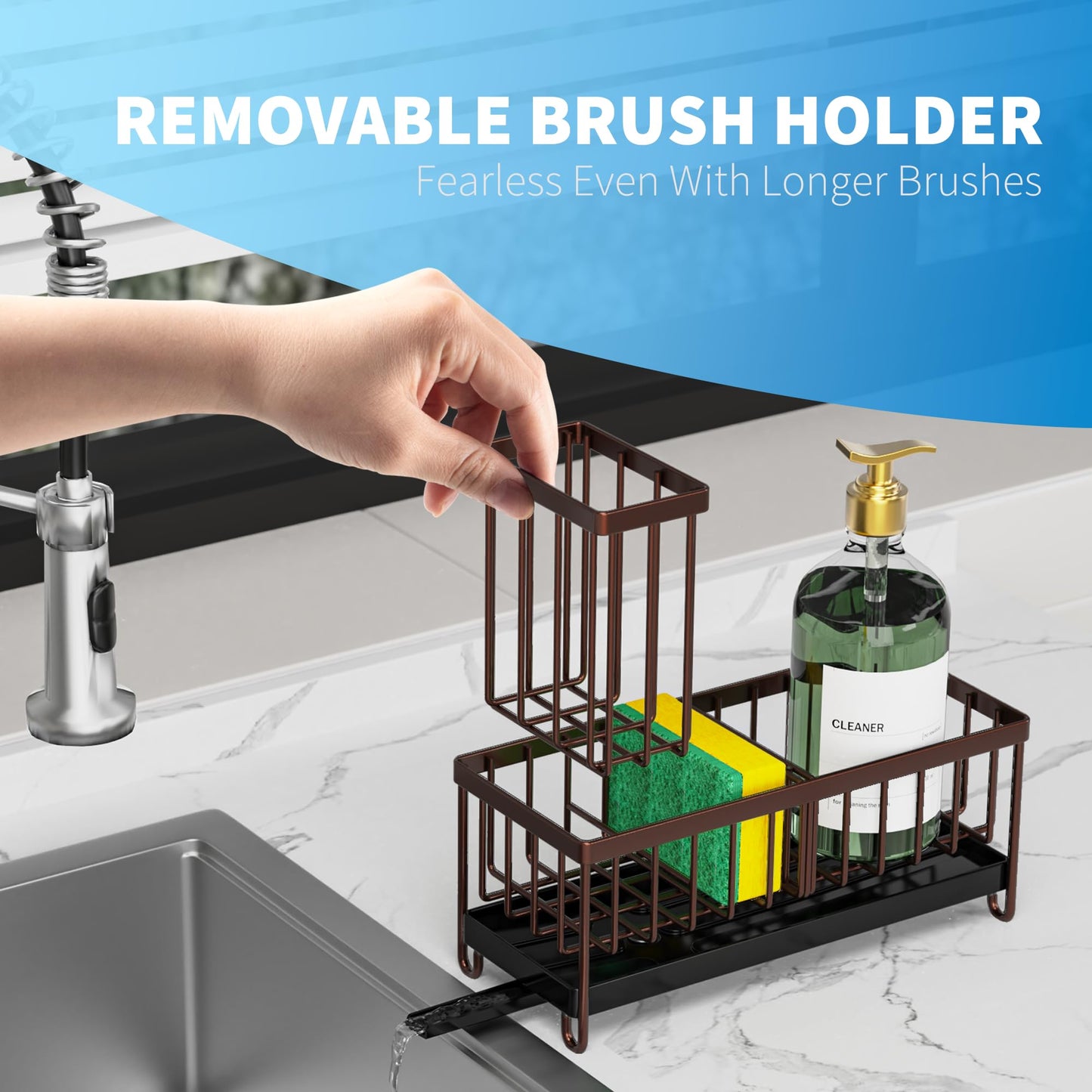 Brown Sponge Holder for Kitchen Sink, Sink Caddy Organizer with High Brush Holder, Kitchen Countertop Organizers and Storage Essentials, Rustproof 304 Stainless Steel, Soap Dispenser Organize