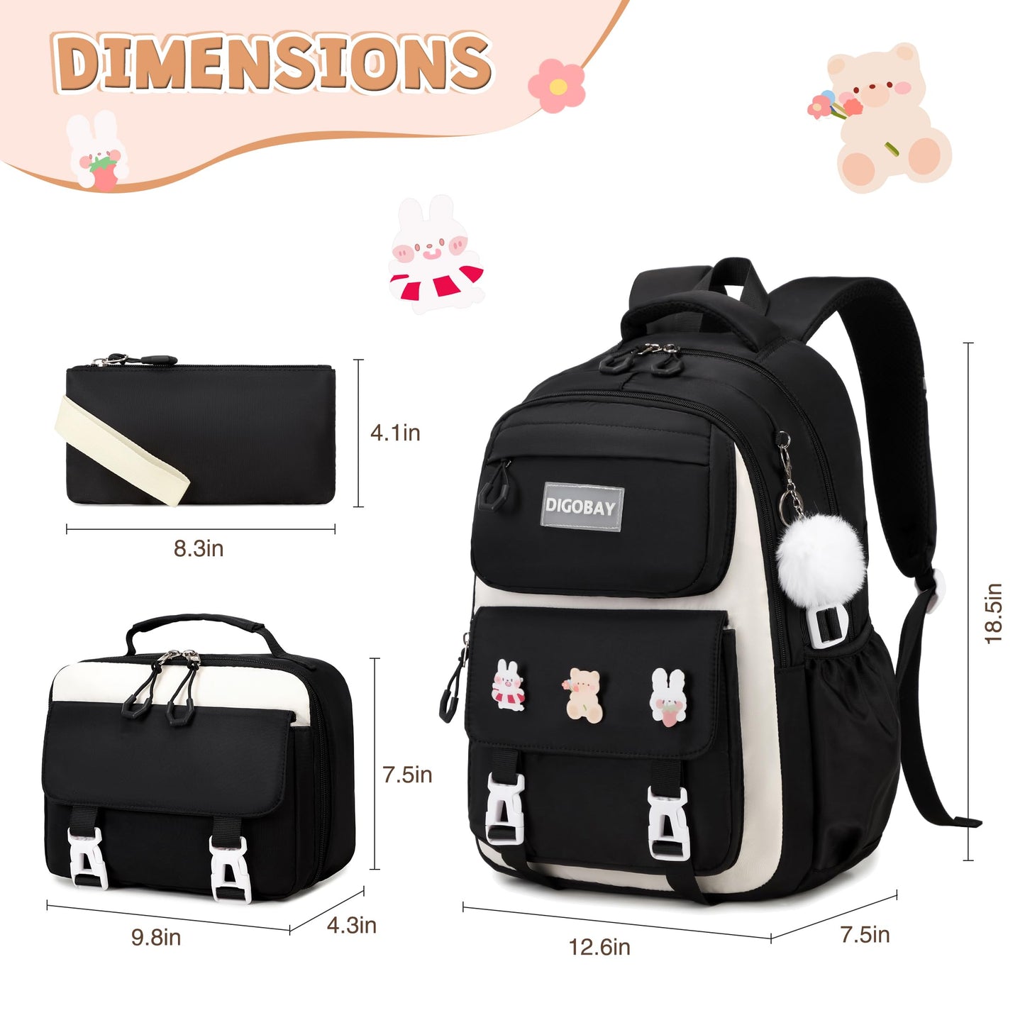 DIGOBAY Girls Backpack Set for School, Kids Backpack for Girls with Lunch Box Pencil Case, Black-beige, Modern