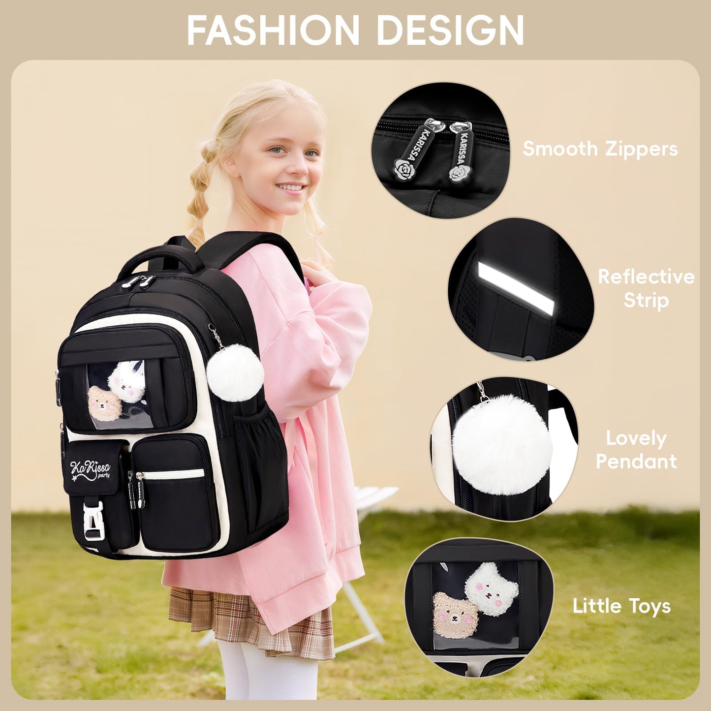 Amythe School Bag for Girls, Breathable School Backpack for Kids with Pendant, Casual Sac a Dos Fille for Elementary Junior High School, Black