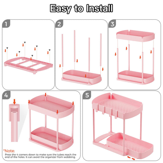 2 Pack Multi-Purpose Pull-Out Storage Organizers, Under Sink Organizers and Storage for Bathroom & Kitchen, Under Cabinet Organizers and storage, 14.8 Inch, Pink