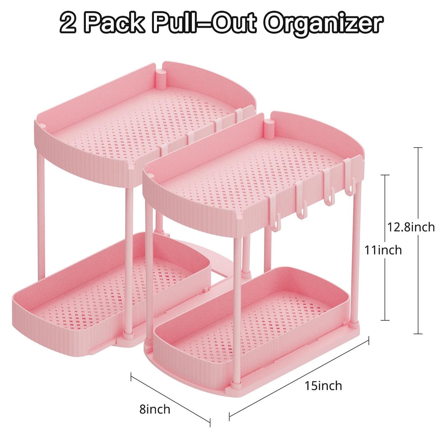 2 Pack Multi-Purpose Pull-Out Storage Organizers, Under Sink & Cabinet Organizers, 12.8 Inch Pink