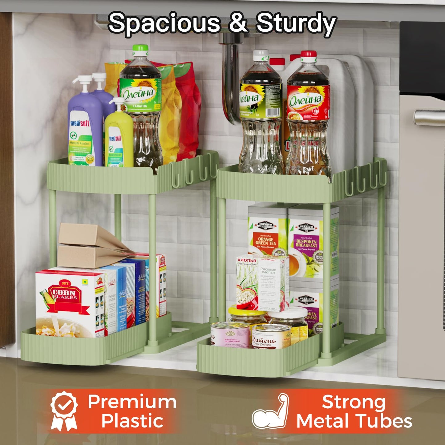 2 Pack Multi-Purpose Pull-Out Storage Organizers, Under Sink Organizers and Storage for Bathroom & Kitchen, Under Cabinet Organizers and storage, 12.8 Inch, Green
