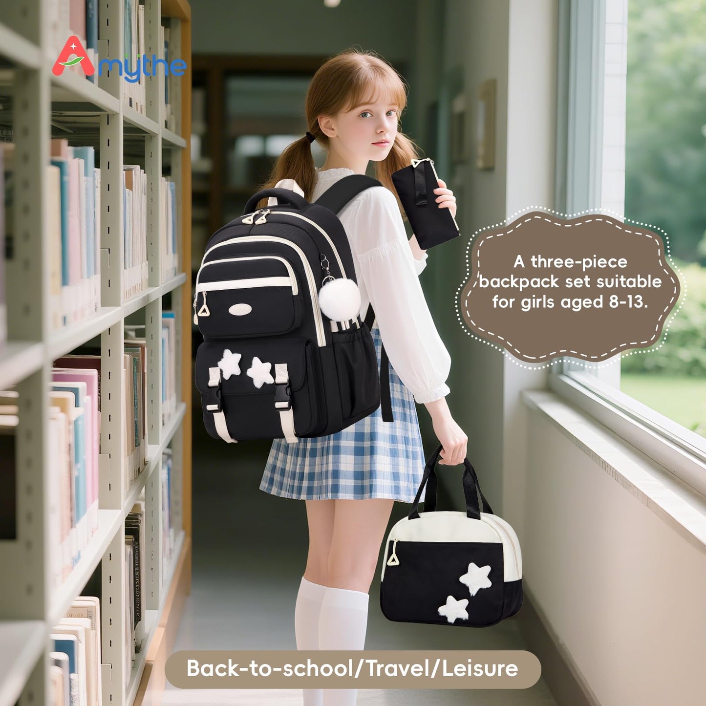 Amythe School Bag for Girls, 3 Pcs Kids Backpack for Elementary Junior School, Multiple Compartment Girl's BookBag Set with Lunch Box Pencil Case, Casual Sac a Dos Fille, Black