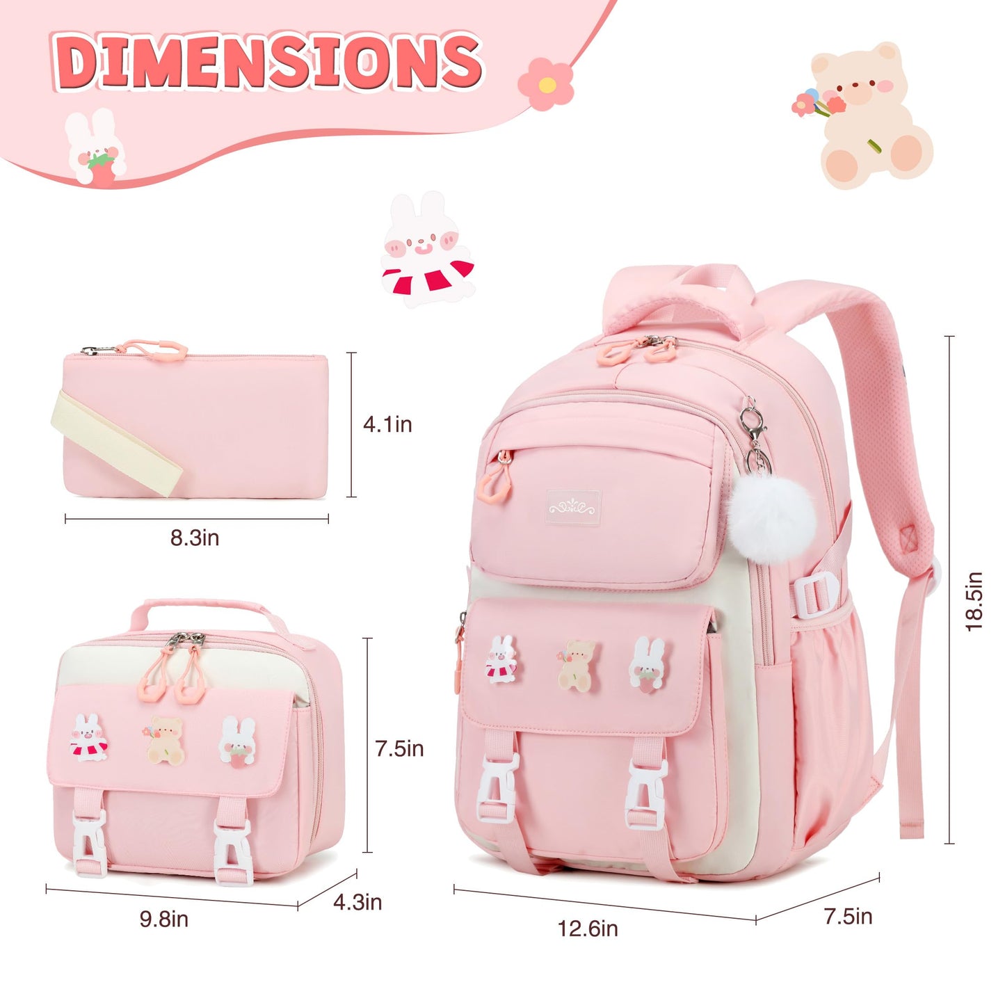 DIGOBAY Girls Backpack, School Backpack for Girls with Lunch Box Pencil Case Set for Teen Kids Girl Elementary Primary Middle High College School Bookbag with Cute Pins Pink