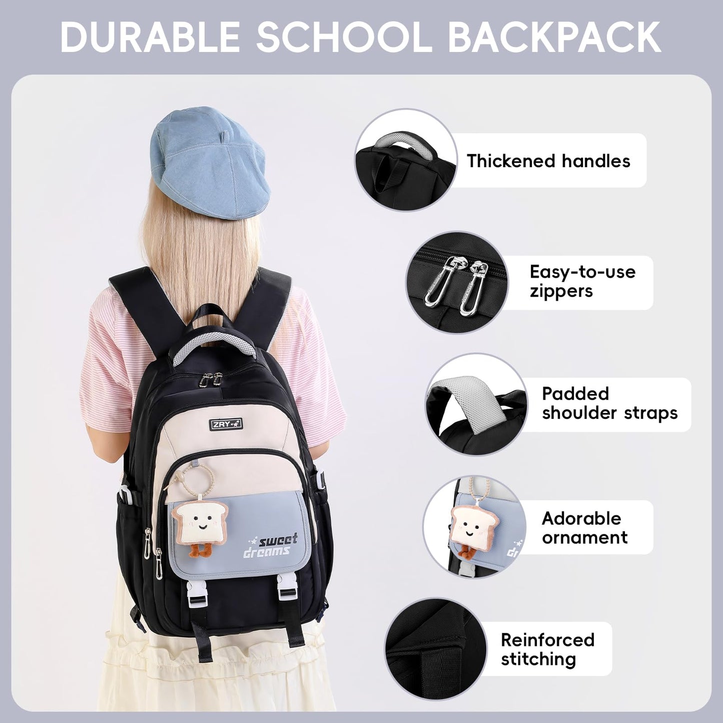 Amythe Girls School Bag, 16 inch School Backpack for Girl Age 9-16, Kids BookBag with Pendant for Elementary Middle School