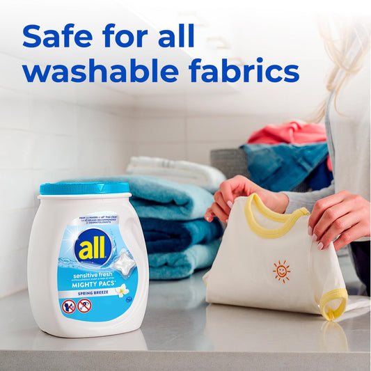 all Sensitive Fresh Mighty Pacs Laundry Detergent Pacs, Hypoallergenic Spring Breeze Scent, Gentle for Sensitive Skin, 60 Count, HE Compatible