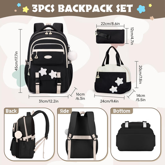 Amythe School Bag for Girls, 3 Pcs Kids Backpack for Elementary Junior School, Multiple Compartment Girl's BookBag Set with Lunch Box Pencil Case, Casual Sac a Dos Fille, Black