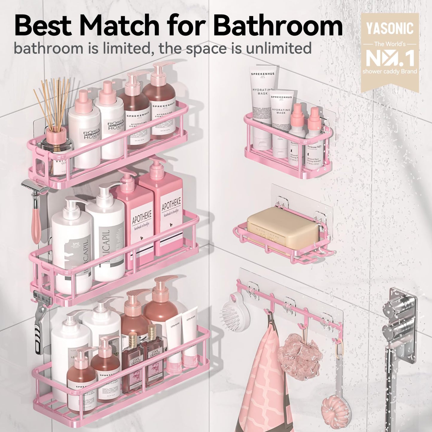 YASONIC Shower Caddy, 6 Pack Large Capacity Bath Organizer with Soap Holder and 12 Hooks, Rustproof Shower Shelves for Inside Shower, No Drilling&Sleek Bathroom Organizers and Storage Pink
